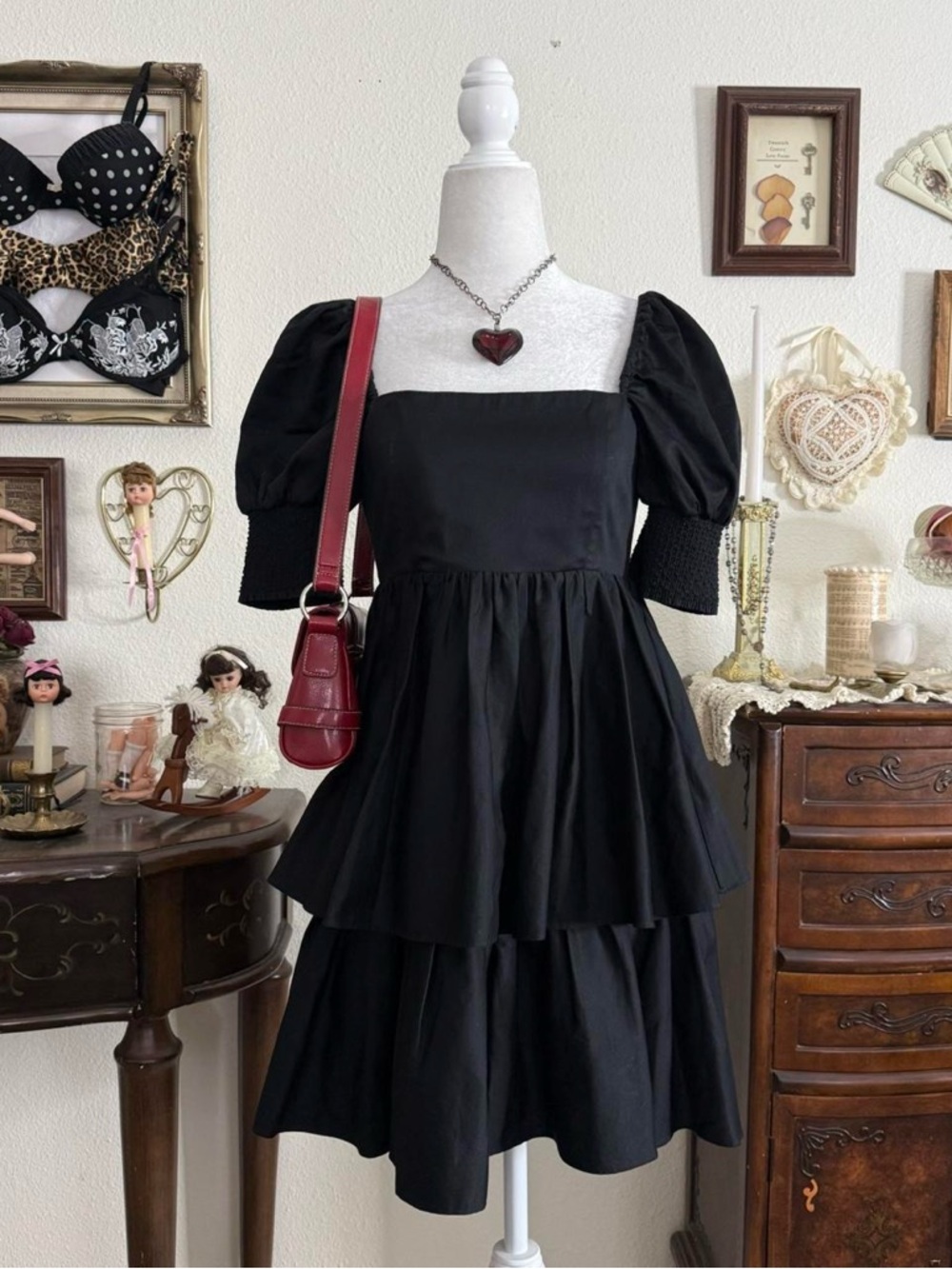 romantic goth coquette black tiered puff sleeve babydoll‎ dress | size 2